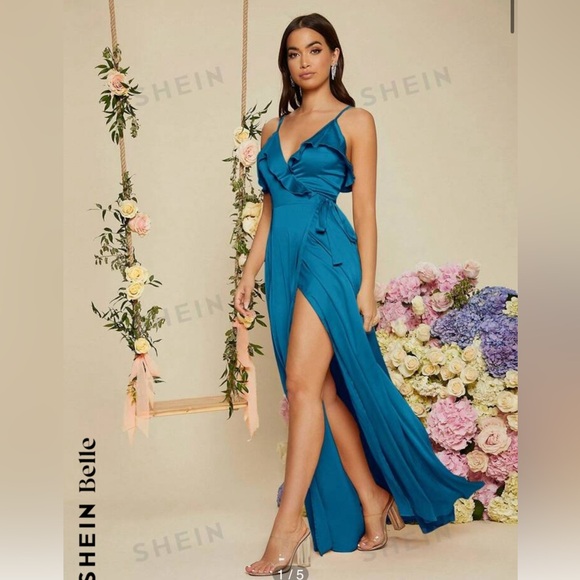 BNWT Blue Maxi Dress SHEIN Tie Up Wrap Dress Adjustable Straps Elegant Wedding - Picture 1 of 4